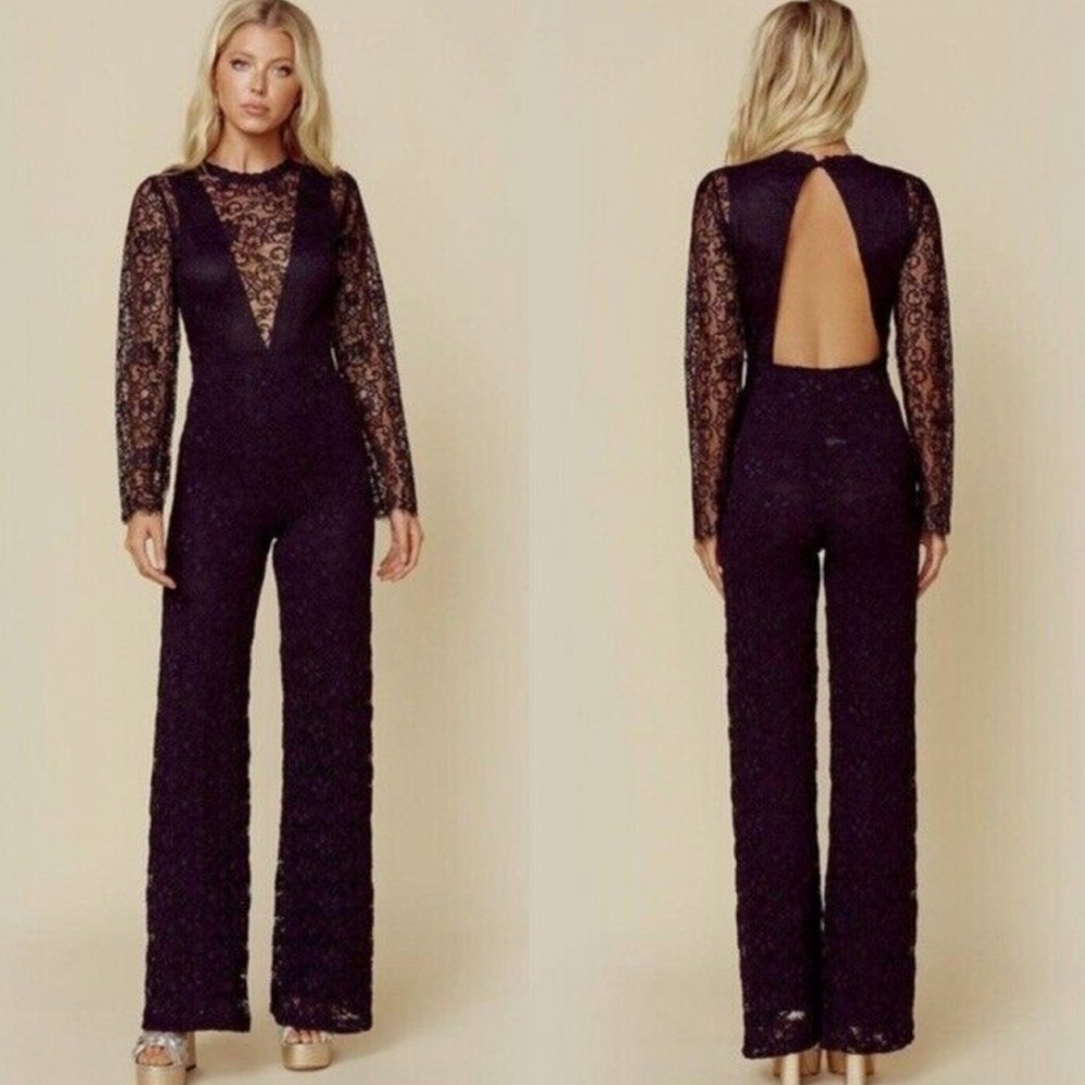 Free People Night Cap Womens Black Serata Lace Jumpsuit